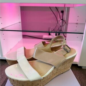 Calvin Klein Neutral Patent Cork Platform Wedge Sandals